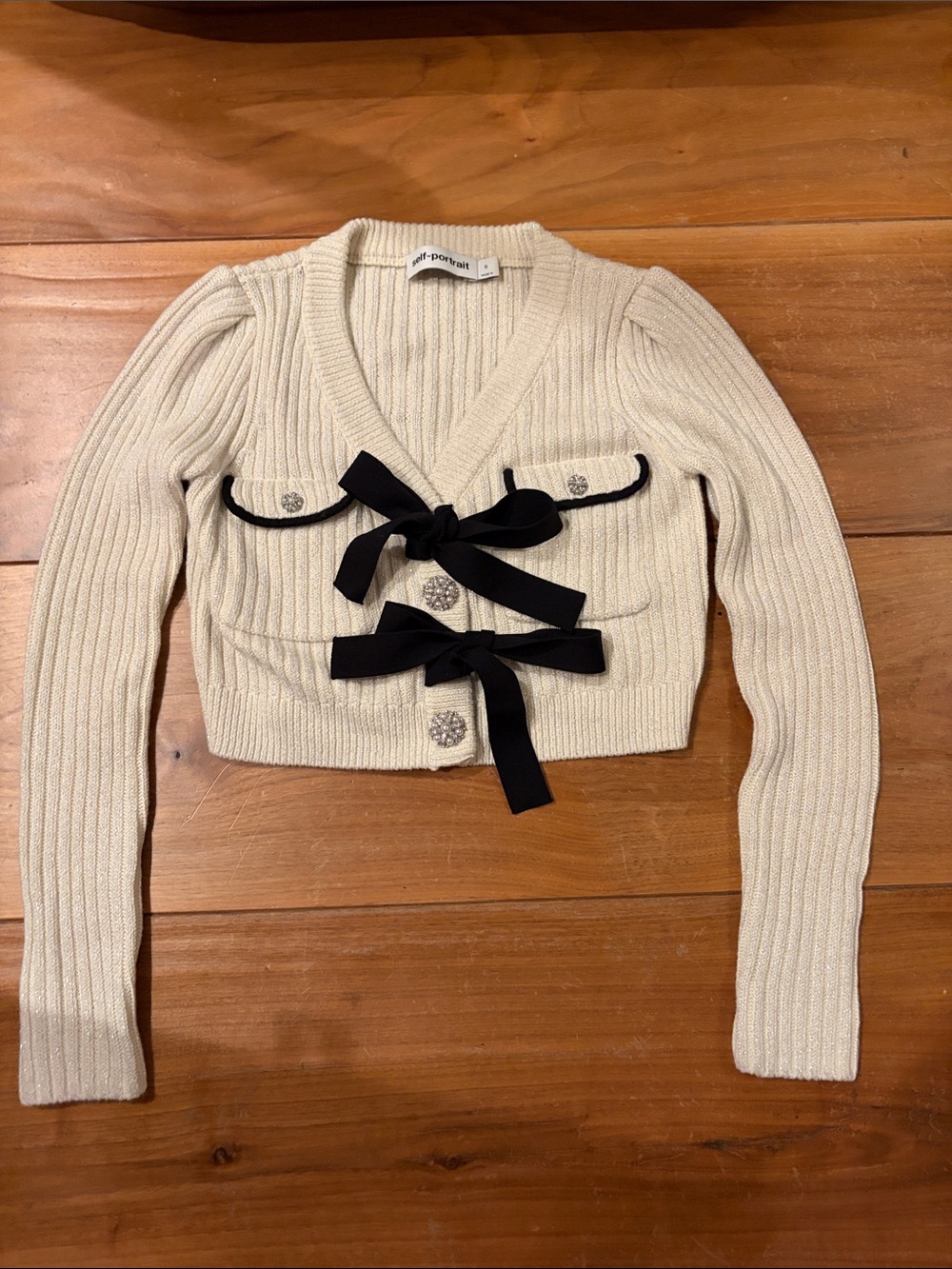 Self-Portrait Cream Ribbed V-Neck Cardigan with Black Bow Accents